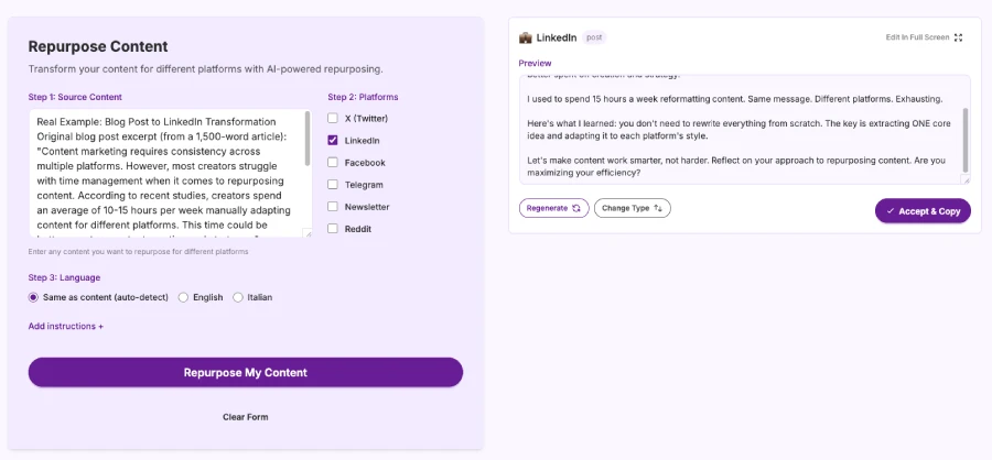 LinkedIn repurposing tool
